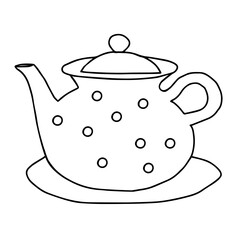Black hand drawing illustration of a clay kettle with a circles pattern and hot water for tea isolated on a plate on a white background