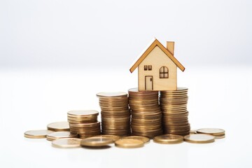 Miniature house with stack of coins on white background, real estate market concept, Generative AI