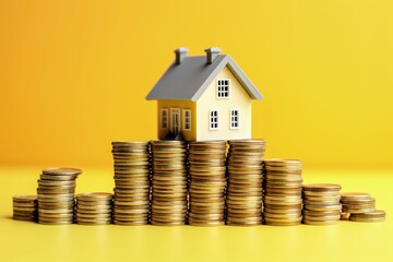Miniature house with stack of coins on yellow background, real estate market concept, Generative AI
