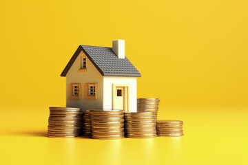 Miniature house with stack of coins on yellow background, real estate market concept, Generative AI

