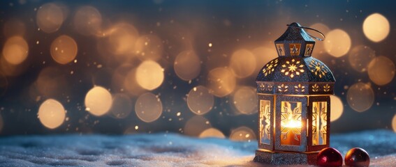 Candle lantern over snow and background with bokeh style blurred lights, christmas lanter, Generative AI