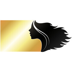 Silhouette girl with hair with gold background. Sign for beauty and hair salon