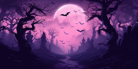 Fototapeta premium Gloomy forest with dry trees and bats in full moon night with violet colors, Generative AI