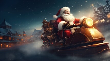 Naklejka premium Santa Claus riding sleigh in snowy village, Santa Claus delivering gifts with sleigh, Generative AI