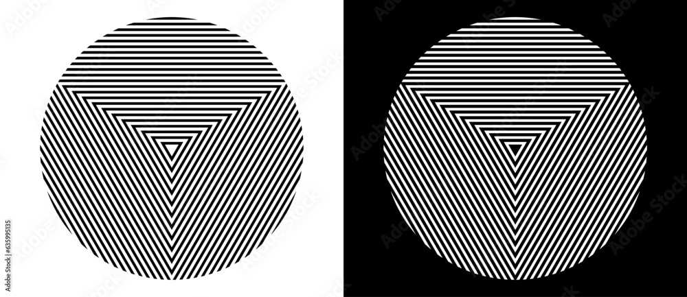 Poster Abstract creative circle with lines in triangles. Geometric art lines background. Black shape on a white background and the same white shape on the black side.
