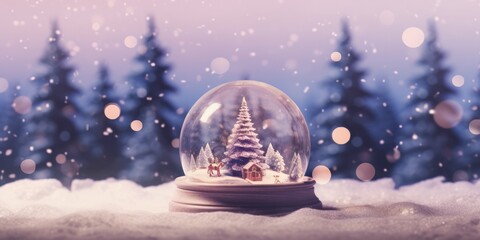 Fototapeta na wymiar Snow globe with pine tree inside on snowy ground and blurred pine trees in the background, Generative AI 