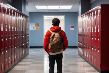 Black boy with backpack in school lockers hall, student boy, Generative AI