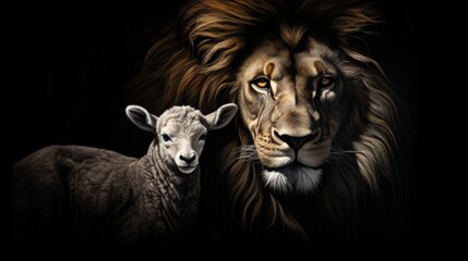 Lion and lamb on black background, Jesus the lamb and the lion, Generative AI