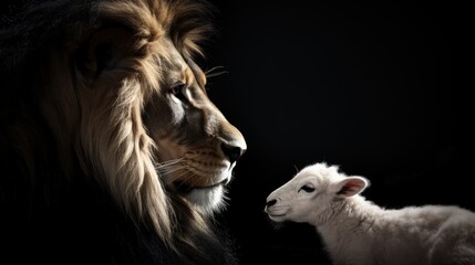 Lion and lamb on black background, Jesus the lamb and the lion, Generative AI