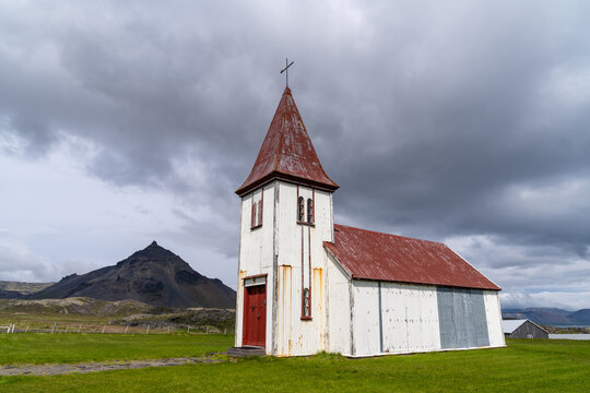 The village church in Hellnar, an old fishing village in the Snaefellsnes peninsula of Iceland