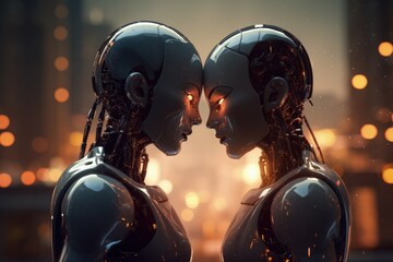 Couple of humanoid robots touching each other by the head, couple of robots kissing, Generative AI