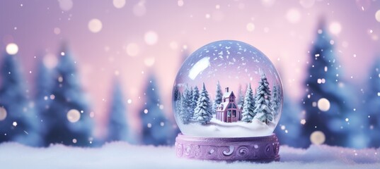 Snow globe with little house and pine trees on the snowy ground and background with blurred lights, Generative AI
