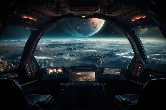 Spaceship cabin interior with exotic planet view, Spaceship cabin with glass windshield, Generative AI