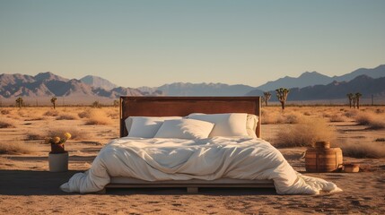 Minimalistische Oase: Ein Doppelbett bietet Komfort in der W&uuml;st