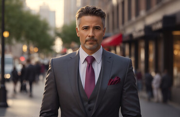 A portrait of a determined middle age entrepreneur in a sharp suit, standing confidently on a bustling city sidewalk.