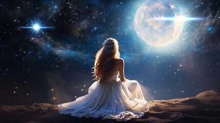  young woman in white dress on earth a watching the surface of the moon,planet nebula ,romantic background 