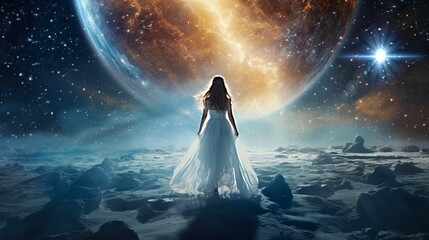 Fototapeta na wymiar young woman in white dress on earth a watching the surface of the moon,planet nebula ,romantic background 