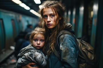 Poor homeless woman and daughter in dirty clothes with backpack in a subway station