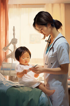 A female pediatrician evaluating reflex responses of squirmy baby.