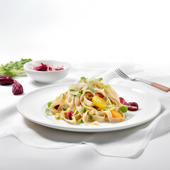Homemade tagliatelle pasta on a plate on white background. Italian food.