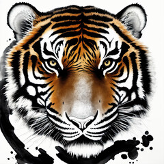 orange tiger head ink painting