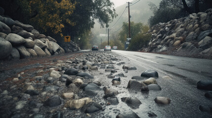 Rainy road rockslide blocking traffic lane on Santa Susana Pass Road in the Chatsworth area of Los Angeles, California.
