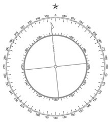 Kompass Skala Vektor. Skala innen und außen. Nadel Drehung sechs Grad nach links.
Symbol für Marine-, Seefahrt - oder Trekking-Navigation oder zur Verwendung in einer Landkarte.
Isolierter Hintergrund