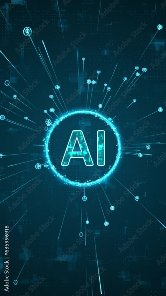 Poster motion graphic of blue digital ai logo and ai icons rotation around logo with ai icons spread and li
