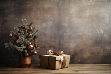 Winter Holiday Warmth: Gift Box and Decorated Fir Branches on Wooden Table. Christmas concept with copy space