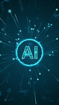 Motion graphic of Blue digital AI logo and AI icons rotation around logo with ai icons spread and line on abstract background with Ai chatbot and machine learning technology vertical video concept
