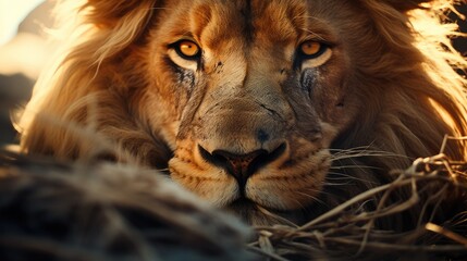 Extreme Close-up of African lion in front face staring at camera - wildlife photography