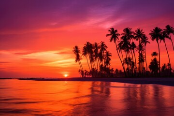 Fototapeta na wymiar a serene tropical beach at sunset with palm trees