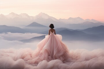Fototapeta na wymiar a woman in a pink dress standing on top of a mountain