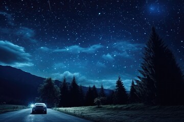 a car driving under a starry night sky