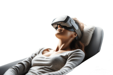 Young woman lies with virtual reality glasses. transparent background
