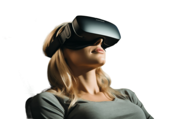 Blond woman with a virtual reality headset isolated on a transparent background