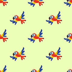 Colorful bird isolated on light yellow background is in Seamless pattern - vector illustration