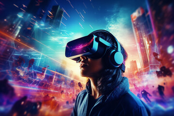 woman wearing virtual reality headset, metaverse commercial style visual