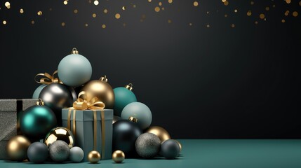 Christmas set decoration and ornament with gifts and balls on isolated green background. created with Generative AI technology