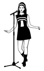 Pop Singer Girl 60s. Black and white ink style vector clipart. Microphone with stand is the separate object.