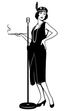 Jazz Singer Woman 20s, 30s. Black and white ink style vector clipart. Microphone with stand is the separate object.