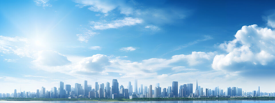 Beautiful Panoramic Cityscape behind a blue sky in a sunny day. Landscape city skyline. Generative AI.