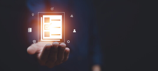 Documents management information system concept, Businessman using visual screen internet for Documents management information system and ERP program data directory in company, ERP document management © Suriyo