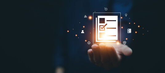 Documents management information system concept, Businessman using visual screen internet for Documents management information system and ERP program data directory in company, ERP document management © Suriyo