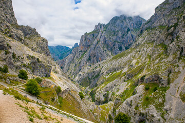 the narrow hiking trail winding along the rock face in the ruta del cares gorge with steep slopes