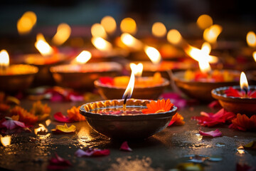 Diya Lighting Ceremony at a Temple, Diwali, symbols Generative AI