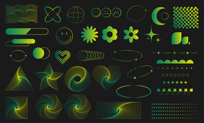 Abstract green futuristic y2k shapes. Elements for design. A set of gradient elements for decoration.  Vector shapes for covers, cards, banners, flyers.