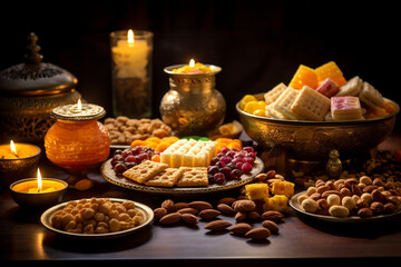 Obraz na płótnie Canvas Diwali Sweets and Snacks Spread, Diwali, symbols Generative AI