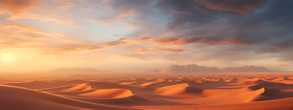 Beautiful Natural Landscape of Sand Dunes in the Derest during sunset with clouds. Generative AI.