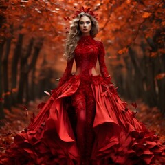 Beautiful woman in a red dress in the autumn forest